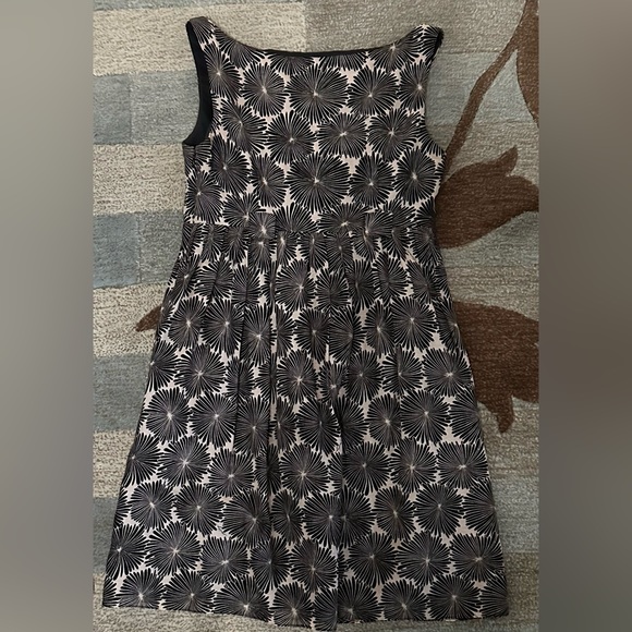 Milly of New York Sleeveless V-neck Silk Blend A-line Dress Black Floral on Tan - Picture 6 of 7